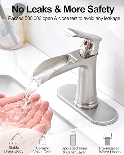Waterfall Bathroom Faucet, Brass Brushed Nickel Bathroom Faucets, Single Handle Bathroom Sink Faucet, 4 Inch Vanity Faucet 1 Hole or 3 Holes with Drain Deck Plate & Supply Hoses for RV Lavatory - color: Brushed Nickel - Modern