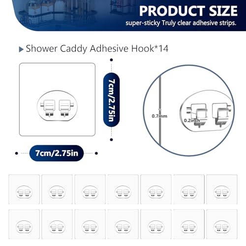 14 Pack Shower Caddy Adhesive Replacement, Waterproof Strong Hooks for Shower Caddy, No Drilling Bathroom Storage Shelves, Soap Holder, and Kitchen Racks (Clear 1 Hooks) - color: Clear 1 hooks -14Pack