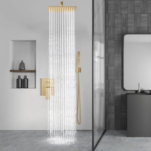 Aolemi Shower Faucet Set with Handheld Brushed Gold 12 Inch Head | Pressure Balance Shower Valve and Trim Kit,SUS304 Rain Head and Handle System,All Metal,Wall Mount,Bathroom,Handheld Spray - color: Gold, size: 12 Inch Wall Mount Shower Head