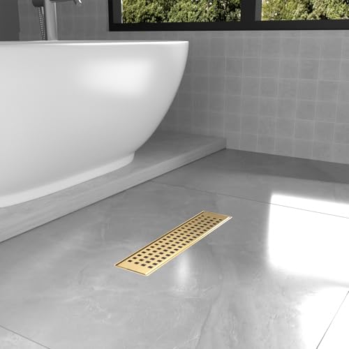 18 Inch Linear Shower Drain - Brushed Gold, with Removable Grate | AISI 304 Stainless Steel Shower Drain, Long Rectangle Shower Floor Drain with Adjustable Feet, Fits Bathroom & Balcony etc - color: Brushed Gold, size: 18 in