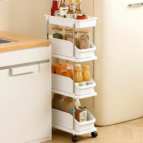 Slim Storage Cart 4 Tier Slim Rolling Utility Cart with Pull-Out Baskets & Wheels for Narrow Space in Kitchen Dining Room Bathroom Laundry Room Cream White (Width 6.3 Inches) - size: 4 Tier