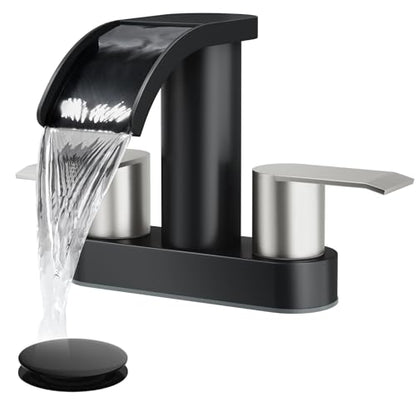 gotonovo 4’’ Centerset Bathroom Sink Faucet Waterfall Black&Brushed Nickel | SUS304 Bathroom Faucet,2.17’’ Wide Spout,24’’ cUPC Water Line,Pop up Drain,2 Handle,Basin,Vanity,RV,Lavatory 2 or 3 Hole Sink - color: Black&Nickel