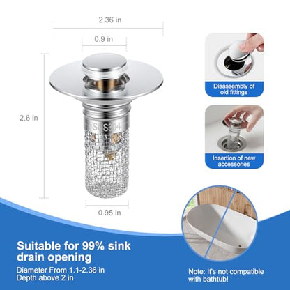 Bathroom Sink Drain Strainer, Pop-up Sink Stopper Hair Catcher with Removable 304 Stainless Steel Strainer Basket Hair Catcher, Bathroom Sink Strainer for Bathroom Sink Stopper Replacement, 2 PCS