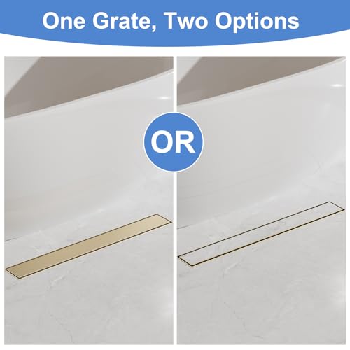 32 Inch Linear Shower Drain-Brushed Gold, with Tile Insert Grate | AISI 304 Stainless Steel Shower Drain, Rectangle Shower Floor Drain with Leveling Feet, Fits Bathroom & Balcony etc - color: Brushed Gold, size: 32 Inch