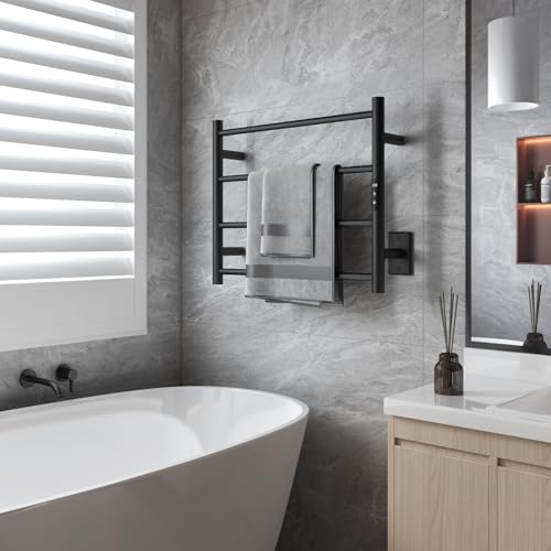Sharpeye Towel Warmer Rack with 24hr Timer, 4-Bar Matte Black Heated Towel Rack for Bathroom, Plug-in/Hardwired, Electric Towel Warmer with Temperature Controls