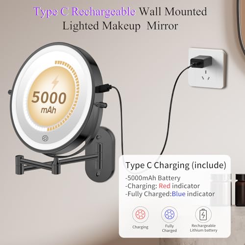 FUNTOUCH 5000mAh Rechargeable Wall Mounted Makeup Mirror with Lights 3X/20X | Double Sided Magnifying,3 Color Lights,Touch Dimmable, Extended Arm 360 Rotation Lighted Bathroom Mirror with Magnification - color: Metal Black