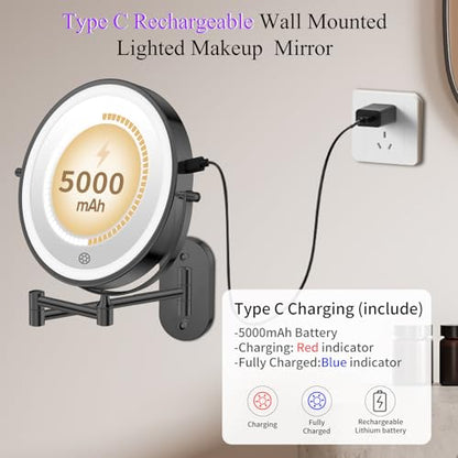 FUNTOUCH 5000mAh Rechargeable Wall Mounted Makeup Mirror with Lights 3X/20X | Double Sided Magnifying,3 Color Lights,Touch Dimmable, Extended Arm 360 Rotation Lighted Bathroom Mirror with Magnification - color: Metal Black