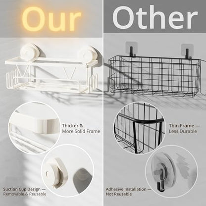KEGII Suction Cup Shower Caddy with 6 Hooks, Heavy Duty Bathroom Organizer | Large Capacity Storage Rack, Rustproof Stainless Steel, for Shampoo and Body Wash on Smooth Surfaces, Off-White - color: Off-White