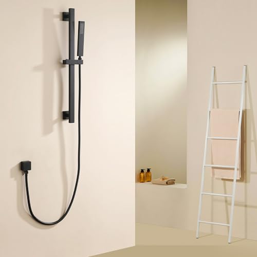 Bathroom Shower Slide Bar with Hand Shower Combo Set, 26.5 Inch Sliding Bar with Extr Long Shower Hose and Stainless Steel Wall Supply Eibow, Matte Black