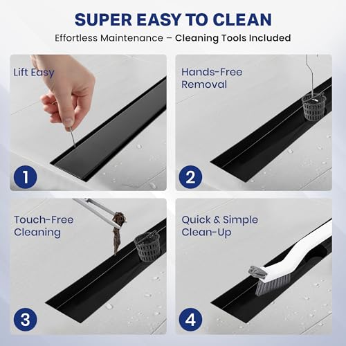 Linear Shower Drain 24 inch Matte Black with 2-in-1 Flat & Tile Insert Cover - 304 Stainless Steel Shower Floor Drain - Linear Drain with Reversible Cover & Hair Catcher - Includes Cleaning Tools - color: Matte Black