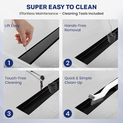 Linear Shower Drain 24 inch Matte Black with 2-in-1 Flat & Tile Insert Cover - 304 Stainless Steel Shower Floor Drain - Linear Drain with Reversible Cover & Hair Catcher - Includes Cleaning Tools - color: Matte Black