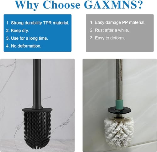 Silicone Toilet Brush and Holder Bendable Efficient Cleaning Wall Mounted Toilet Bowl Brush with Long Handle Brush Head and Silicone Bristles No Rusty Handles Problem (Black) | Bendable Efficient Cleaning Long Handle Efficient Cleaning RV Compact Bathroom
