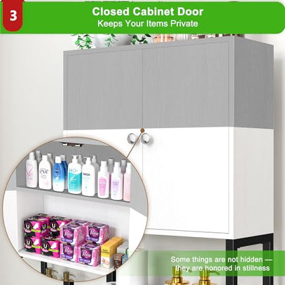 Over-The-Toilet Storage Rack, 4-Tier Bathroom Organizer Shelf Over Toilet with Barn Doors Cabinet and Basket, Freestanding Space Saver Bathroom Shelves with Paper Holder Above Toilet (Gray & White) - color: Gray White