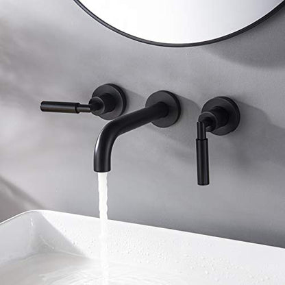 RBROHANT Matte Black Wall Mount Bathroom Faucet, Wall Mounted Sink Faucet, Dual Handle, Solid Brass, Rough-in Valve Included - color: Matte Black, style: Lever Handle