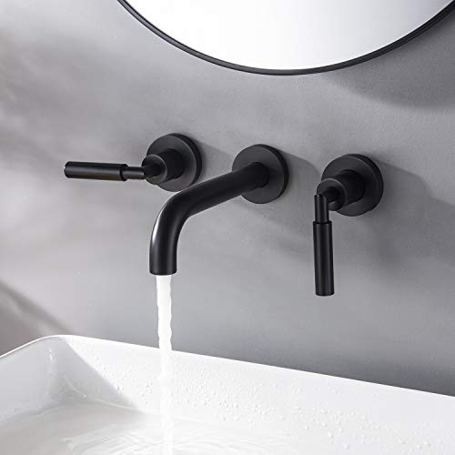 RBROHANT Matte Black Wall Mount Bathroom Faucet, Wall Mounted Sink Faucet, Dual Handle, Solid Brass, Rough-in Valve Included - color: Matte Black, style: Lever Handle