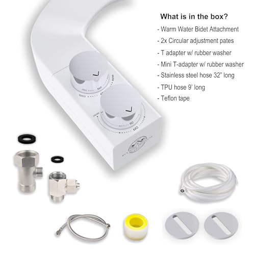BIDETbidet Left/Right Reversible WARM WATER Ultra-Slim Bidet Attachment with Temperature Control, Interchangeable Knob Set, Hinged Nozzle, Non-Electric, Easy Install, Fits Most Toilets, Off-White