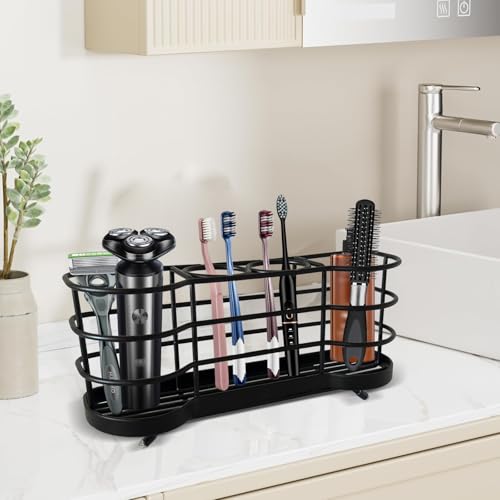 Wall Mount Toothbrush Holder, Black | Stainless Steel, Self-Adhesive, 4 Slots, For Shower, Countertop Compatible - color: Black Round