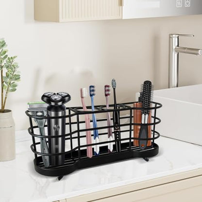 Wall Mount Toothbrush Holder, Black | Stainless Steel, Self-Adhesive, 4 Slots, For Shower, Countertop Compatible - color: Black Round