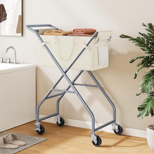 No-Bend Laundry Cart- Rolling Hamper with Locking Wheels & Handle, Foldable Basket Screw-Free Assembly, Durable Metal Frame & Removable Liner Bag for Bedroom & Bathroom (Beige) - color: Beige