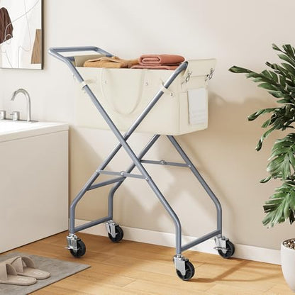 No-Bend Laundry Cart- Rolling Hamper with Locking Wheels & Handle, Foldable Basket Screw-Free Assembly, Durable Metal Frame & Removable Liner Bag for Bedroom & Bathroom (Beige) - color: Beige
