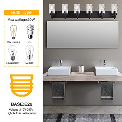 BONLICHT Transitional Bath Vanity Light Fixture 6 Light Black Wall Sconce Bathroom Lighting with Clear Hammered Glass, Industrial Farmhouse Metal Wall Mount Light for Kitchen Living Room Dining Room - color: Black, size: 6 Lights