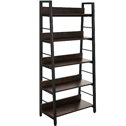 BATHWA 5 Tier Book Shelf, Rustic Industrial Ladder Bookshelf Wood Metal, Dark Brown Farmhouse 28'' Wide 59''Tall Ladder Shelf Living Room, Bedroom, Home Office - color: Espresso, size: 1pack-59"H x 27.7"W x 13.8"D