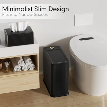 Bathroom Trash Can with Lid and Tissue Box Cover Set 13 L/ 3.5 Gallon Black Trash Can with Pop-Up Lid Small Garbage Can for Bathroom Bedroom Office Kitchen - color: Black & Gold