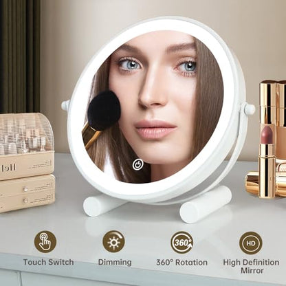 YEKKOPT Travel Vanity Mirror with Lights, 8" Small LED Makeup Mirror with Lights,360°Rotation Dimmable Portable Desk Round Mirror for Dressing Room & Bedroom,Folding Stand, White - size: 8"x8"