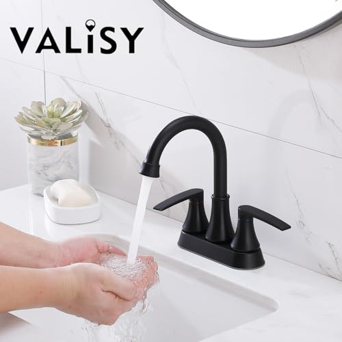 Lead-Free Matte Black Bathroom Sink Faucet, 2 Handle 4 Inch Centerset Faucet, Modern 360° Swivel High-Arc Spout Bath Lavatory Vanity Faucets for Sinks with Drain & Water Hoses, VALZST049B - color: Matte Black