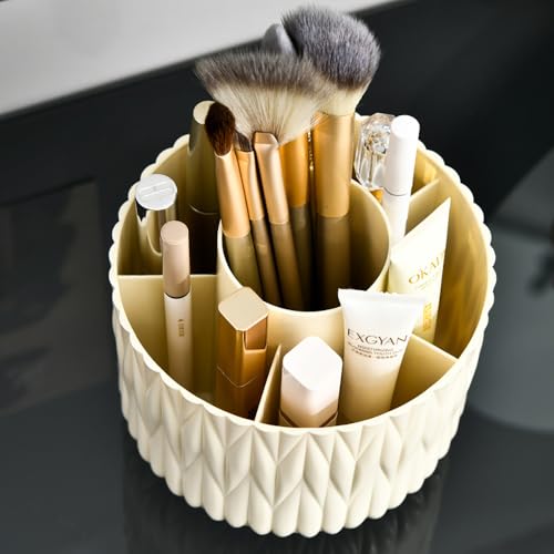 360° Rotating Makeup Brush Holder, 5-Slot Vanity Organizer Beige | Stores Lipsticks, Pens & Pencils; Cute Caddy For Office, Art & Desk - color: Beige