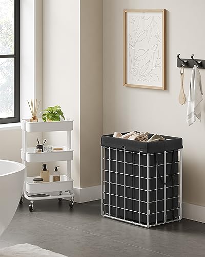 SONGMICS Laundry Hamper, 23.8 Gal. (90L) Laundry Basket, Collapsible Clothes Hamper, Removable and Washable Liner, Metal Wire Frame, for Bedroom Bathroom, Silver and Classic Black ULCB190B01 - color: Silver + Classic Black, size: 90 L