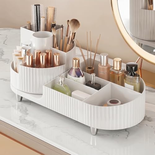 Booklov Rotating Makeup Organizer for Vanity Countertop, White | Plastic Cosmetic Display Case, Large Beauty Brush Holder for Bathroom Counter, Skin Care Perfumes Storage - color: White