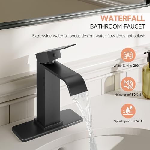 Matte Black Bathroom Faucets Evolvegoods Modern Waterfall Bathroom Faucet | Single Handle 1 or 3 Hole Bathroom Sink Faucet RV Mixer Tap Vanity Faucet with Deck Plate Pop-up Drain and Supply Lines - color: Matte Black