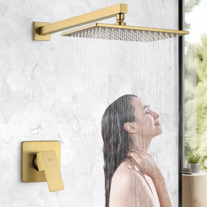 Shower Faucet Set Brushed Gold Bathroom Rainfall 12 Inch Shower Head and Handle Set Wall Mounted Shower System Single Function Shower Fixture, Include Shower Valve and Trim Kit - color: Brushed Gold, size: 12 Inch (Wall Mount)