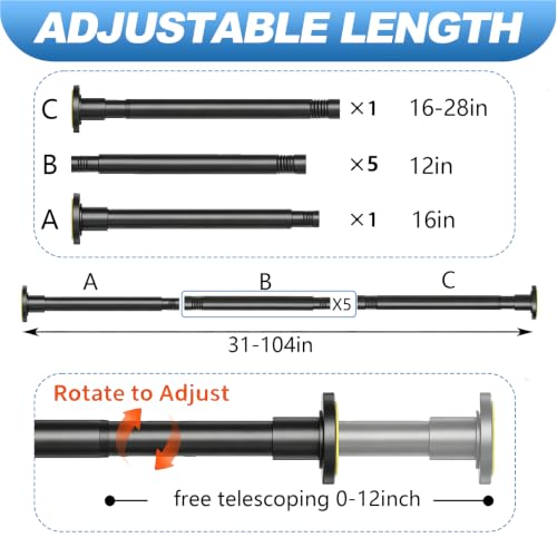 CorkLatta Black Shower Curtain Rod 31 to 104 Inch,1 Inch Diameter Adjustable Spring Tension Curtain Rod No Drilling Stainless Steel Telescoping Rod,No Rust | 1 Inch Diameter Stainless Steel Tension Curtain Rod Non slip, No Drill Shower Rods for Bathroom,E