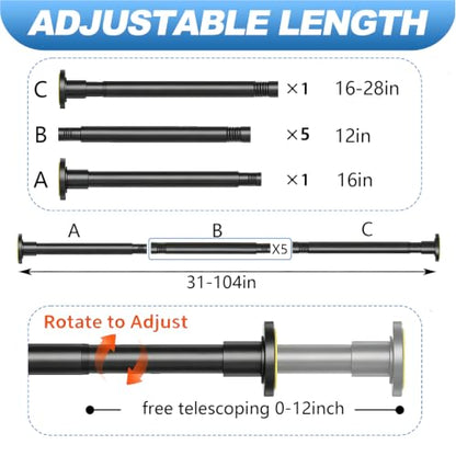 CorkLatta Black Shower Curtain Rod 31 to 104 Inch,1 Inch Diameter Adjustable Spring Tension Curtain Rod No Drilling Stainless Steel Telescoping Rod,No Rust | 1 Inch Diameter Stainless Steel Tension Curtain Rod Non slip, No Drill Shower Rods for Bathroom,E