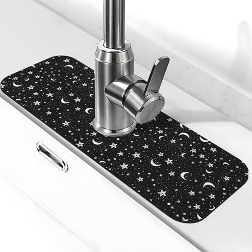 Black And White Moon Star Kitchen Sink Splash Guard Faucet Mat Super Absorbent Fast Drying Mat Sink Gadgets-Fast Drying Pad Sink Mat For Kitchen Bathroom (15" X 5.5" ) - color: Black And White Moon Star