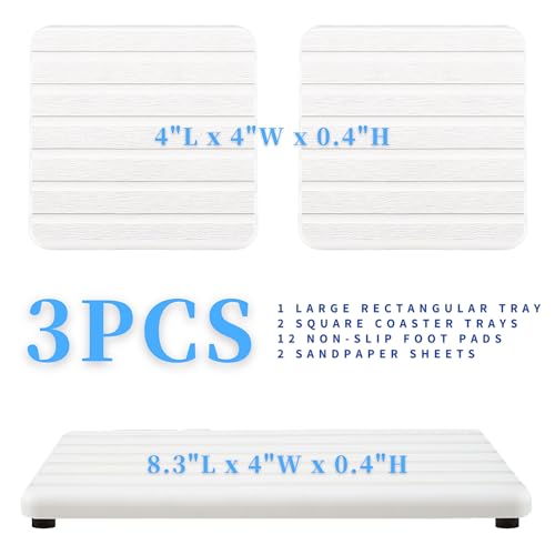 3PCS Water Absorbing Stone Tray, Premium Diatomite Soap Holder & Coaster Mats for Bathroom and Kitchen Sink, Fast Dry Sink Organizer for Countertop with Non-Slip Base, 8.3 x 4 & 4 x 4 Inches, White