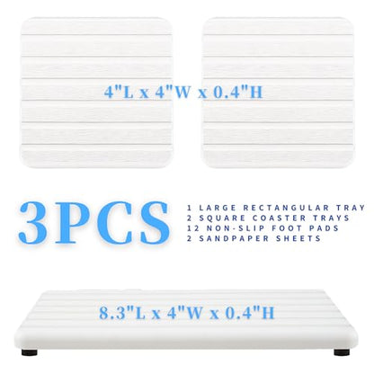 3PCS Water Absorbing Stone Tray, Premium Diatomite Soap Holder & Coaster Mats for Bathroom and Kitchen Sink, Fast Dry Sink Organizer for Countertop with Non-Slip Base, 8.3 x 4 & 4 x 4 Inches, White