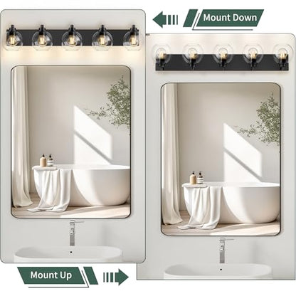 5 Light Bathroom Light Fixtures-Matte Black Bathroom Vanity Lights, Modern Vanity Lights 5-Light Bathroom Lighting Fixtures Over Mirror with Clear Glass Globe Shade - color: ‎Matte Black, size: 5-Light