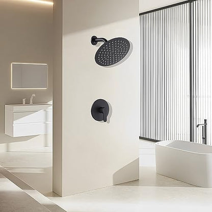 Matte Black Shower Faucet GGStudy Single Function Shower Trim Kit with Rough-in Valve Shower Set Bath Rainfall Shower Faucet System 8inch Round Stainless Steel Metal Shower Head - color: Black, style: Round