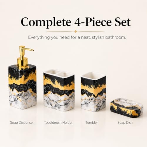4 Piece Bathroom Accessories Set - Black and White Includes Lotion Dispenser, Toothbrush Holder Tumbler, and Soap Dish - Glossy Finish (Marble, Black, and White) - color: Black, and White