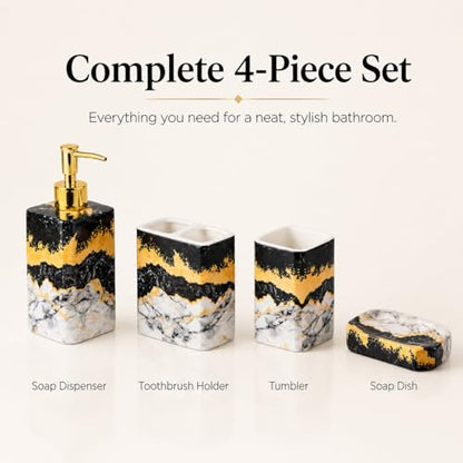 4 Piece Bathroom Accessories Set - Black and White Includes Lotion Dispenser, Toothbrush Holder Tumbler, and Soap Dish - Glossy Finish (Marble, Black, and White) - color: Black, and White