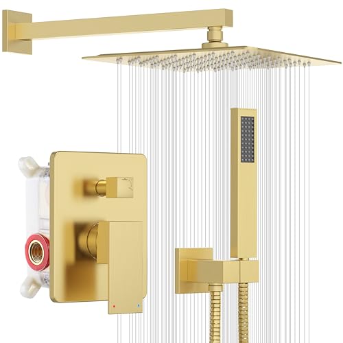 ESNBIA Gold Shower Head, Rainfall Shower System with 10 Inches Rain Shower Head, All Metal Shower Faucet Set with Shower Valve, Wall Mounted Shower Fixtures, Brushed Gold - color: Brushed Gold, style: 10 Inches