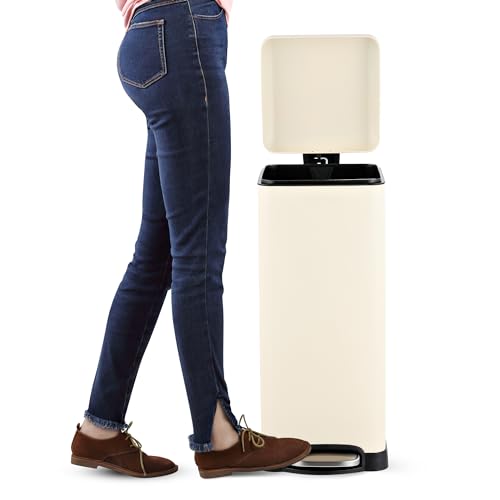 happimess HPM1007F Betty Retro 8-Gallon Step-Open Trash Can with Soft-Close Lid, Fingerprint Resistant, Modern, Minimalistic for Home, Kitchen, Laundry Room, Office, Bedroom, Bathroom, Almond | Fingerprint Resistant, Removable Liner, Semi-Rectangular, Ste