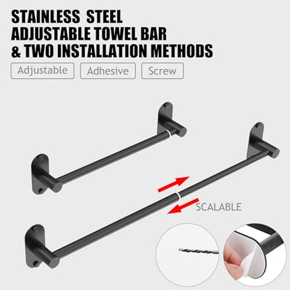 Towel Bar, Adhesive or Drill Wall Mount, Matte Black, 1 Pack | Adjustable 16.7 to 28.5 Inch, 304 Stainless Steel Hand Towel Holder, Round Base Towel Racks for Bathroom, Kitchen Use - color: Extended Length–black