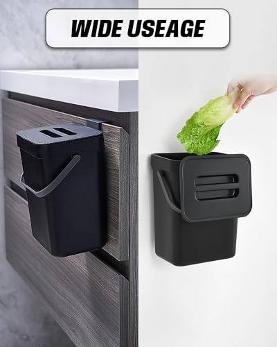 1.3 Gal Kitchen Compost Bin, Hanging Small Trash Can, 5L, Black | With Lid, Hanging, Adhesive Mount, Countertop, for Kitchen Under Sink RV Bathroom Office - color: BLACK, size: 5 L / 1.3 Gal - Lid