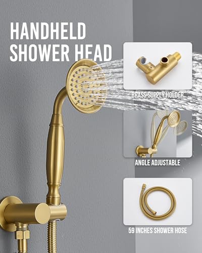 DASAN Antique Dual Shower Head Faucet Set, Brushed Gold Dual Rain Shower Head System Complete Double Head Shower Fixture Combo, 9'' & 6'' Dual Rainfall Overhead Shower with Handheld, Valve & Trim - color: Brushed Gold