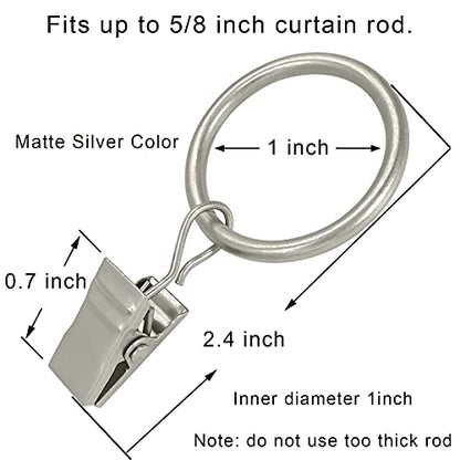 44 Pack Metal Curtain Rings with Clips, Drapery Clips with Rings, Drapes Rings 1 inch Inner Diameter, Fits Diameter 5/8 inch Curtain Rods, Matte Silver - color: Matte Silver, size: 1" I D 44 Pack