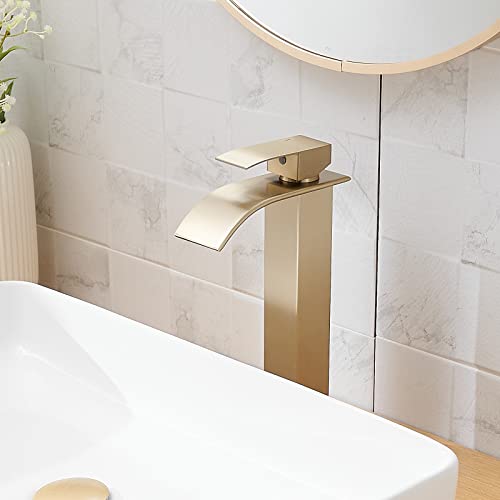 Brushed Gold Bathroom Vessel Sink Faucet Modern Waterfall Vessel Faucet | Stainless Steel Tall 1 Hole Single Handle Vanity Lavatory Modern Commercial Mixer Tap With Pop Up Drain by BATHLAVISH - color: Brushed Gold, size: Modern Vessel Sink Faucet